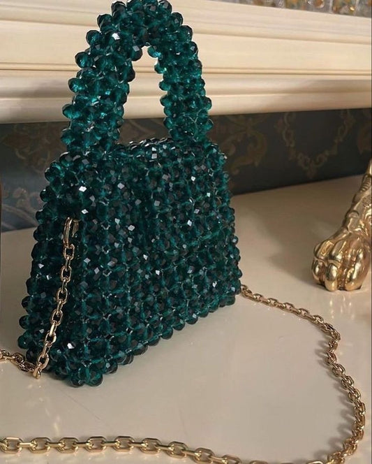 Sparkling Emerald Crystal Handbag with Chain