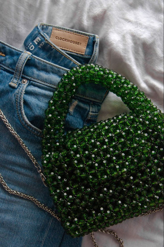 Sparkling Emerald Crystal Handbag with Chain
